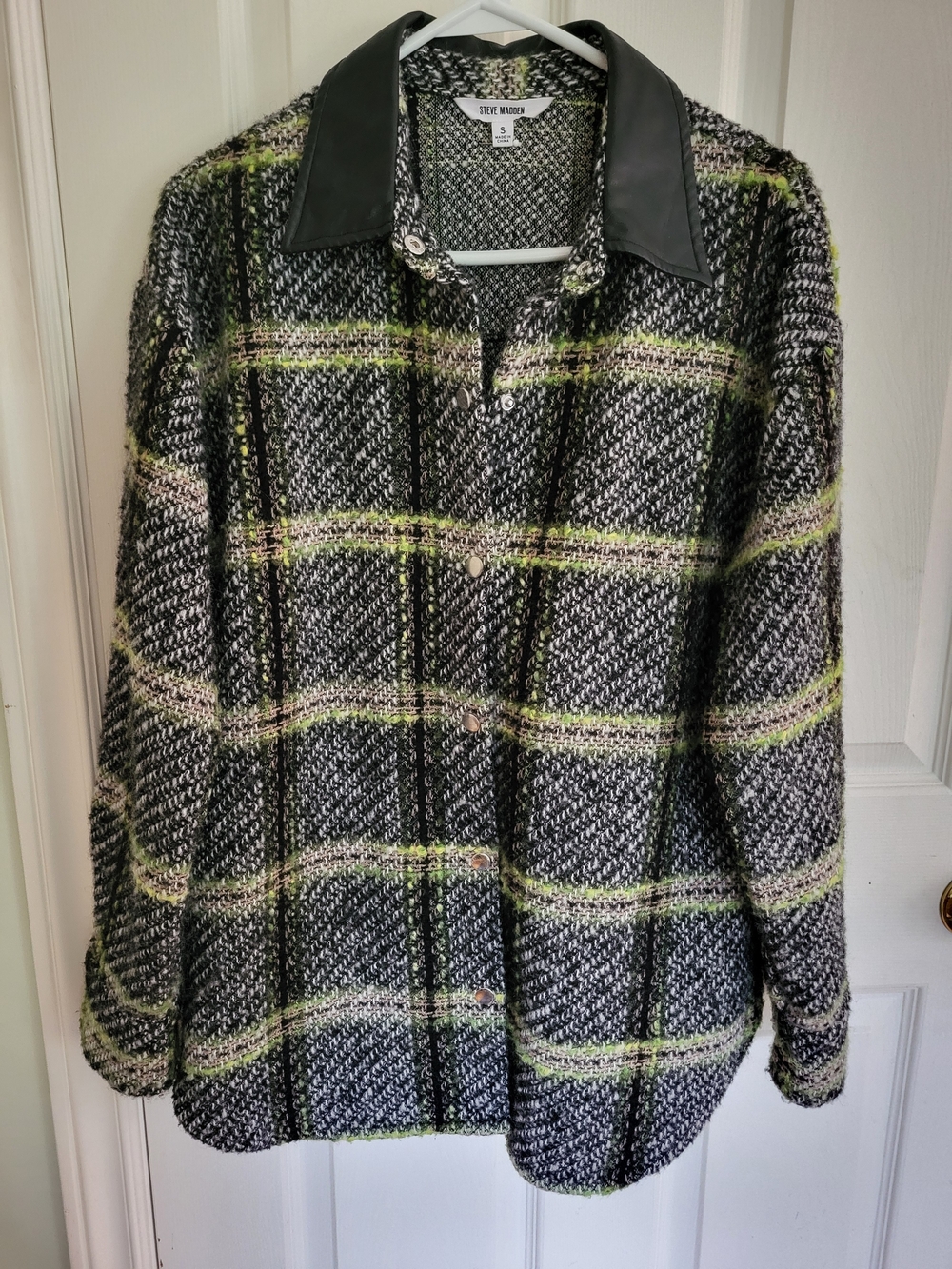 Steve Madden Black & Green Plaid Jacket with Faux Leather Collar